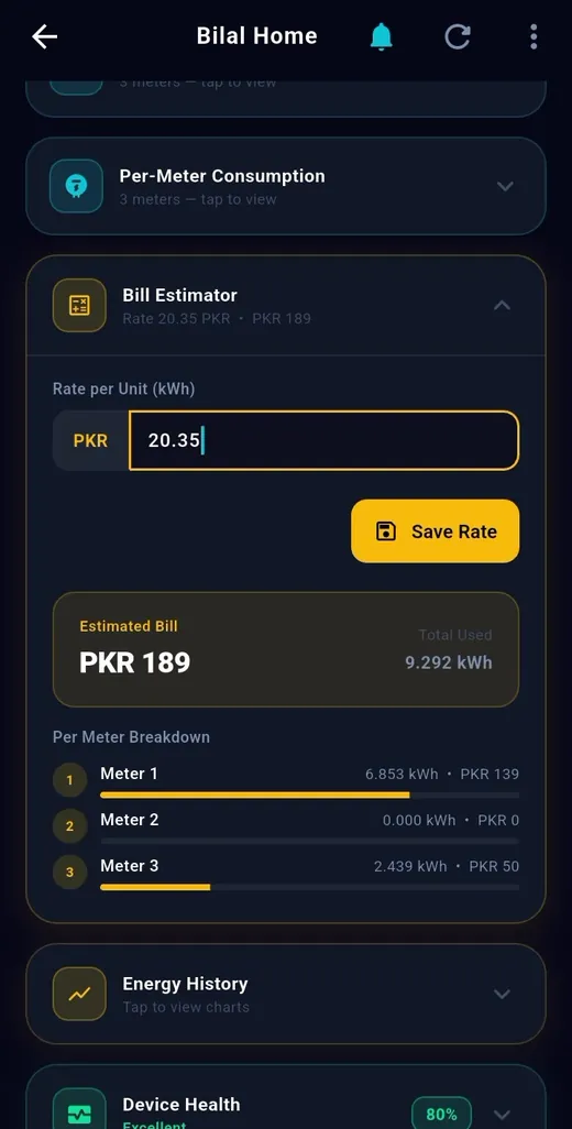 Bill estimator — TeqHome app screen