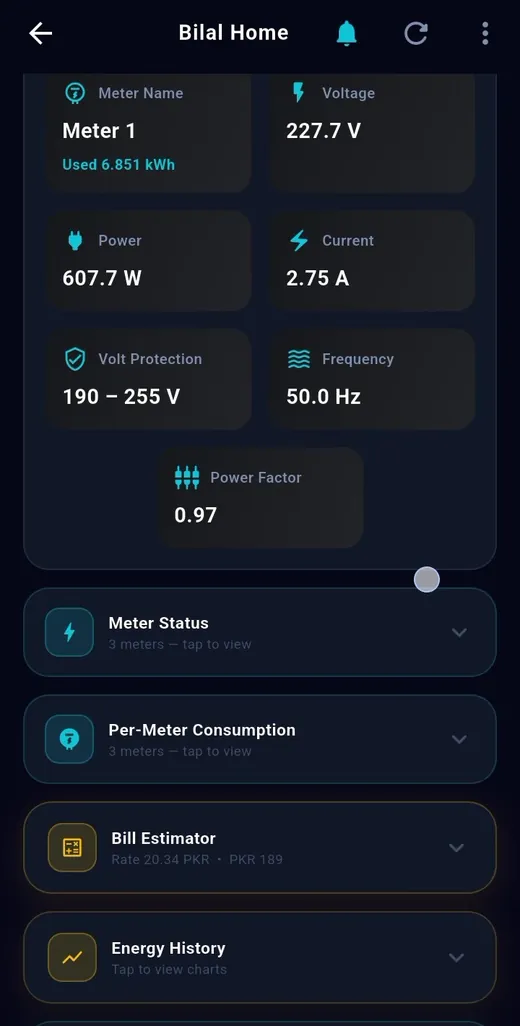 Live monitoring — TeqHome app screen