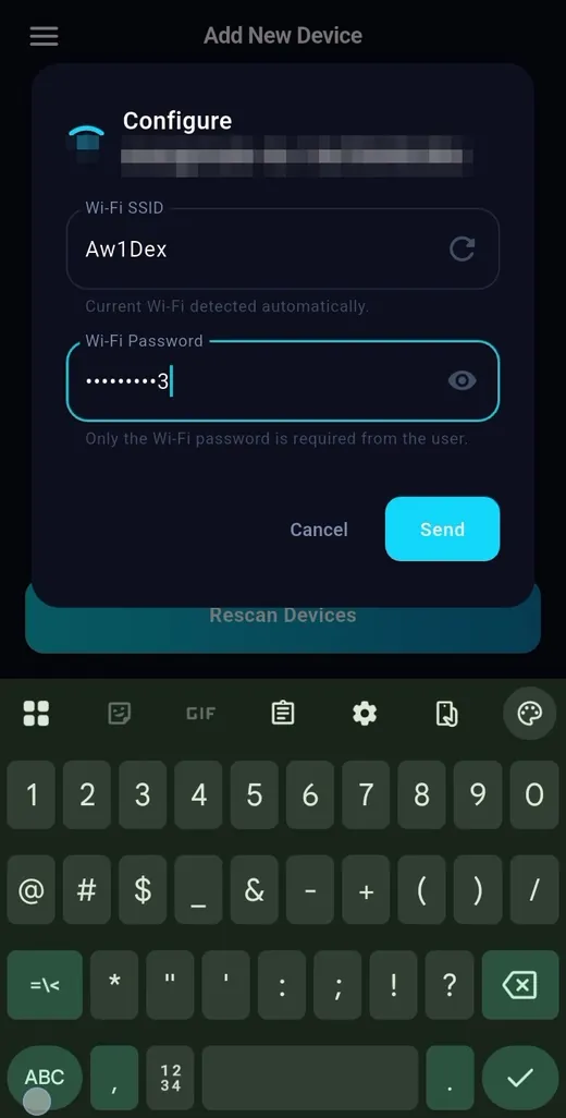 Add the device (1/2) — TeqHome app screen