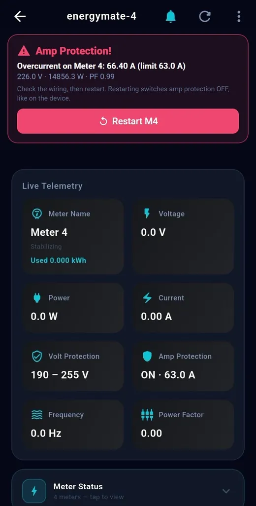 Amp (over-current) protection — TeqHome app screen