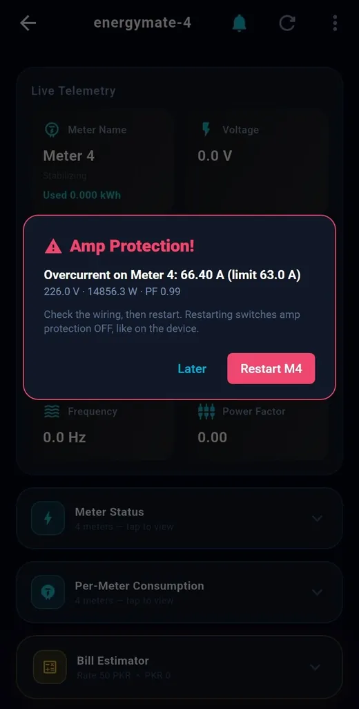 Amp (over-current) protection — TeqHome app screen