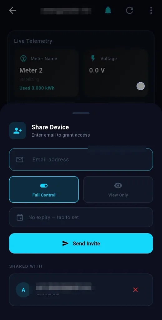 Share the device — TeqHome app screen