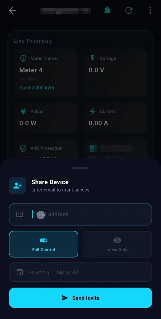 Share the device — TeqHome app screen