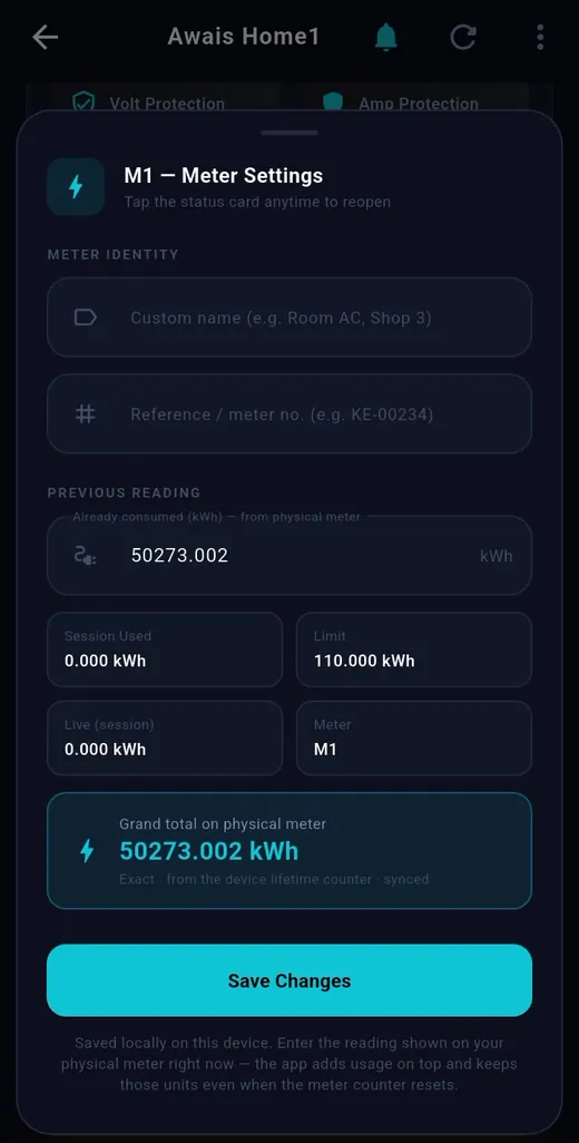 Meter settings and previous reading — TeqHome app screen