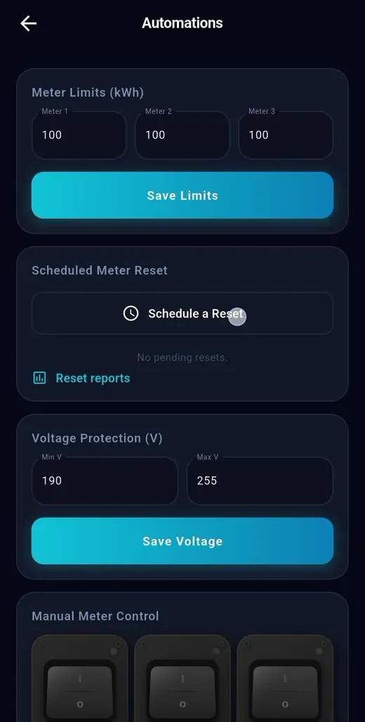 Unit limit and voltage protection — TeqHome app screen