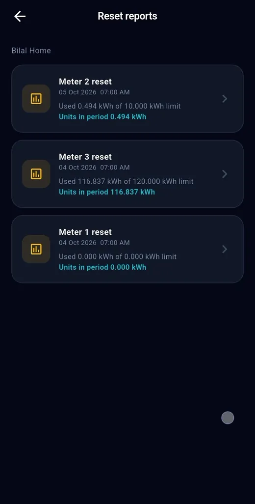 Reset report — TeqHome app screen