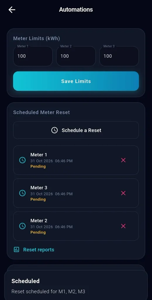 Scheduled reset — TeqHome app screen