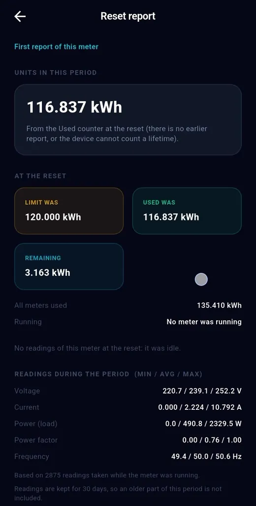 Reset report — TeqHome app screen