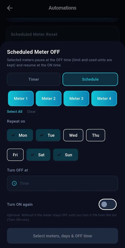 Timer and weekly schedule — TeqHome app screen