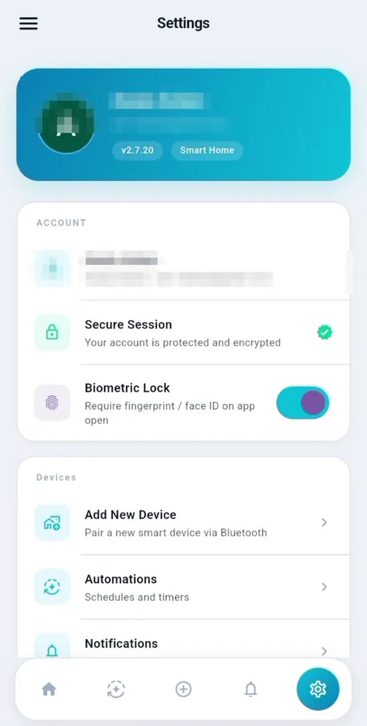 App settings — TeqHome app screen